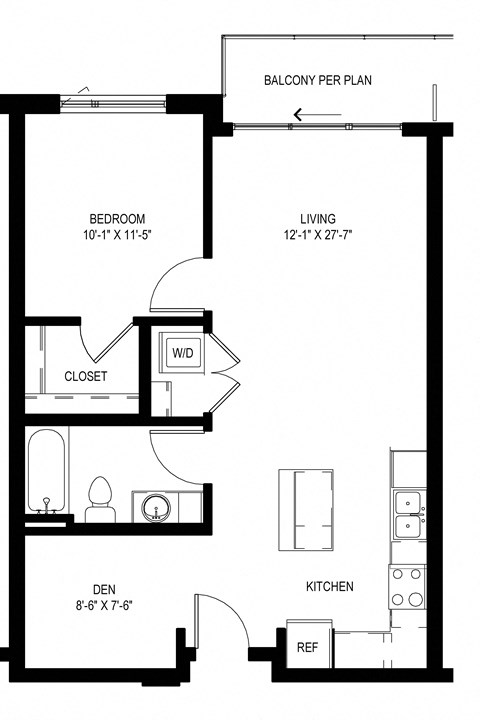 Floor plan for 1 bed, 1 bath, 701 sqft